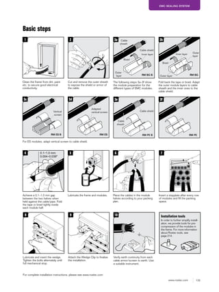 133www.roxtec.com
EMC SEALING SYSTEM
Basic steps
1
Clean the frame from dirt, paint
etc. to secure good electrical
conductivity.
3f
The following steps 3a–3f show
the module preparation for the
different types of EMC modules.
3e
For ES modules, adapt vertical screen to cable shield.
3b3a
0.14
Achieve a 0.1–1.0 mm gap
between the two halves when
held against the cable/pipe. Fold
the tape or braid tightly inside
each module half.
2
Cut and remove the outer sheath
to expose the shield or armor of
the cable.
5
Lubricate the frame and modules.
6
Place the cables in the module
halves according to your packing
plan.
10
Verify earth continuity from each
cable armor/screen to earth. Use
a suitable instrument.
7
Insert a stayplate after every row
of modules and ﬁll the packing
space.
8
Lubricate and insert the wedge.
Tighten the bolts alternately until
full mechanical stop.
9
Attach the Wedge Clip to ﬁnalize
the installation.
Installation tools
In order to further simplify install-
ation, we provide tools for pre-
compression of the modules in
the frame. For more information
about Roxtec tools, see
page 214.
RM PE B RM PE
Inner layer
Outer layer
Outer
layer
Inner layer
Cable shield
Cable shield
Cable
sheath
Cable
sheath
Outer
layer
Braid
Braid
RM BGRM BG B l
3d
Adapted
vertical screen
RM ES
3c
Vertical
screen
RM ES B
Fold back the tape or braid. Adapt
the outer module layers to cable
sheath and the inner ones to the
cable shield.
For complete installation instructions, please see www.roxtec.com
 