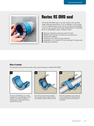 147www.roxtec.com
PIPE ENTRY SOLUTIONS
The Roxtec RS OMD seal is a circular solution which protects
single metal pipe penetrations. It can be adjusted on the outside
to fit non-standard sleeve sizes, and its two halves and adaptable
center are also equipped with Roxtec Multidiameter™ (removable
layers for adaptability to pipes of different sizes).
■ Tightness obtained by expansion within the seal
■ Multiple pipe dimensions covered by one product size
■ Single side installation
■ Certified for fire, water and gas protection
■ Adaptability on the outside to fit round openings of varying sizes
■ Single pipe penetration
Roxtec RS OMD seal
How it works
The Roxtec RS OMD has two halves
equipped with removable layers on the
outside. It can easily be adapted to
ﬁt openings of varying sizes and non-
standard sleeve sizes.
Each half of the seal is also equipped
with removable layers inside in order to
be adaptable to pipes of different sizes.
Each half is adapted on the inside and
on the outside and the ﬂexible solution
is sealed by tightening the expansion
mechanism.
The example shows the features that make it quick and easy to install the RS OMD.
1 2 3
 