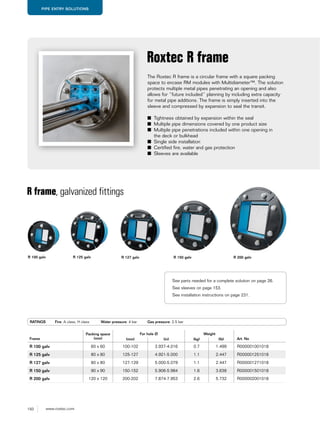 150 www.roxtec.com
PIPE ENTRY SOLUTIONS
The Roxtec R frame is a circular frame with a square packing
space to encase RM modules with Multidiameter™. The solution
protects multiple metal pipes penetrating an opening and also
allows for “future included” planning by including extra capacity
for metal pipe additions. The frame is simply inserted into the
sleeve and compressed by expansion to seal the transit.
■ Tightness obtained by expansion within the seal
■ Multiple pipe dimensions covered by one product size
■ Multiple pipe penetrations included within one opening in
the deck or bulkhead
■ Single side installation
■ Certified fire, water and gas protection
■ Sleeves are available
Roxtec R frame
R frame, galvanized fittings
RATINGS Fire: A class, H class Water pressure: 4 bar Gas pressure: 2.5 bar
R 100 galv R 125 galv R 127 galv R 150 galv R 200 galv
Frame
Packing space
(mm)
For hole Ø Weight
Art. No(mm) (in) (kg) (lb)
R 100 galv 60 x 60 100-102 3.937-4.016 0.7 1.499 R000001001018
R 125 galv 80 x 80 125-127 4.921-5.000 1.1 2.447 R000001251018
R 127 galv 80 x 80 127-129 5.000-5.079 1.1 2.447 R000001271018
R 150 galv 90 x 90 150-152 5.906-5.984 1.6 3.638 R000001501018
R 200 galv 120 x 120 200-202 7.874-7.953 2.6 5.732 R000002001018
See parts needed for a complete solution on page 26.
See sleeves on page 153.
See installation instructions on page 231.
 