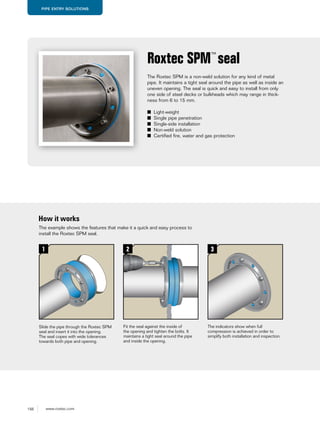 156 www.roxtec.com
PIPE ENTRY SOLUTIONS
The Roxtec SPM is a non-weld solution for any kind of metal
pipe. It maintains a tight seal around the pipe as well as inside an
uneven opening. The seal is quick and easy to install from only
one side of steel decks or bulkheads which may range in thick-
ness from 6 to 15 mm.
■ Light-weight
■ Single pipe penetration
■ Single-side installation
■ Non-weld solution
■ Certified fire, water and gas protection
Roxtec SPM™
seal
How it works
Slide the pipe through the Roxtec SPM
seal and insert it into the opening.
The seal copes with wide tolerances
towards both pipe and opening.
Fit the seal against the inside of
the opening and tighten the bolts. It
maintains a tight seal around the pipe
and inside the opening.
The indicators show when full
compression is achieved in order to
simplify both installation and inspection.
The example shows the features that make it a quick and easy process to
install the Roxtec SPM seal.
1 2 3
 