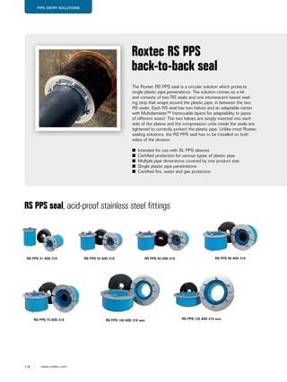 176 www.roxtec.com
PIPE ENTRY SOLUTIONS
The Roxtec RS PPS seal is a circular solution which protects
single plastic pipe penetrations. The solution comes as a kit
and consists of two RS seals and one intumescent based seal-
ing strip that wraps around the plastic pipe, in between the two
RS seals. Each RS seal has two halves and an adaptable center
with Multidiameter™ (removable layers for adaptability to pipes
of different sizes). The two halves are simply inserted into each
side of the sleeve and the compression units inside the seals are
tightened to correctly protect the plastic pipe. Unlike most Roxtec
sealing solutions, the RS PPS seal has to be installed on both
sides of the division.
■ Intended for use with SL PPS sleeves
■ Certified protection for various types of plastic pipe
■ Multiple pipe dimensions covered by one product size
■ Single plastic pipe penetrations
■ Certified fire, water and gas protection
Roxtec RS PPS
back-to-back seal
RS PPS seal, acid-proof stainless steel fittings
RS PPS 31 AISI 316 RS PPS 43 AISI 316 RS PPS 50 AISI 316 RS PPS 68 AISI 316
RS PPS 75 AISI 316 RS PPS 100 AISI 316 woc RS PPS 125 AISI 316 woc
 