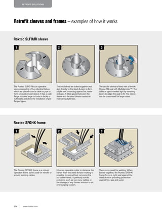 204 www.roxtec.com
RETROFIT SOLUTIONS
Roxtec SLFO/RI sleeve
The Roxtec SLFO/RI is an openable
sleeve consisting of two identical halves
which are placed round a cable or pipe to
form a robust circular sleeve. It has a wide
ﬂange to cover large cut-outs in decks or
bulkheads and allow the installation of pre-
ﬂanged pipes.
The two halves are bolted together and
also directly to the steel division to form
a tight seal protecting against ﬁre, water
and gas. A ﬁtted gasket between the
sleeve and the steel division assists in
maintaining tightness.
The circular sleeve is ﬁtted with a ﬂexible
Roxtec RS seal with Multidiameter™. The
cable or pipe is sealed tight by removing
layers to adapt the seal to ﬁt. The sleeve
can be customized for larger sizes.
1 2 3
Retrofit sleeves and frames – examples of how it works
Roxtec SFOHK frame
The Roxtec SFOHK frame is a robust
openable frame to be used for retroﬁt or
around existing cables.
It has an openable collar to distance the
transit from the steel division making it
possible to use without removing the
old cable transit. It perfectly solves
problems such as too many cables or
the change of any former solution or an
entire piping system.
There is no need for welding. When
bolted together, the Roxtec SFOHK
frame forms a tight seal against the
steel division providing protection
against ﬁre, gas and water.
1 2 3
 