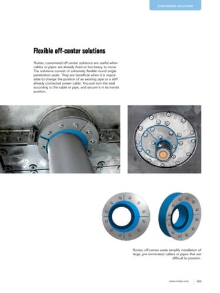 209www.roxtec.com
CUSTOMIZED SOLUTIONS
Roxtec customized off-center solutions are useful when
cables or pipes are already fixed or too heavy to move.
The solutions consist of extremely flexible round single
penetration seals. They are beneficial when it is impos-
sible to change the position of an existing pipe or a stiff
already connected power cable. You just turn the seal
according to the cable or pipe, and secure it in its transit
position.
Roxtec off-center seals simplify installation of
large, pre-terminated cables or pipes that are
difficult to position.
Flexible off-center solutions
 