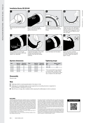234 www.roxtec.com
INSTALLATIONINSTRUCTIONS–ROXTECRSSEAL–PAGE2/2
Roxtec®andMultidiameter®areregistASS2010001301ver_1.2/GB/1302/kasve
Disassembly
Reverse order
■ Cable/pipe shall be routed perpendicularly to the sleeve or hole.
■ Cable/pipe of considerable weight must be supported by surrounding structure or equipment to
prevent damage or subsidence to the seal.
■ Wait 24 hours or longer after installation before exposing the cables/pipes to strain or pressure.
Note
Fold out all stop ﬂanges. Make
sure that they are secured by the
ﬁttings.
Adapt the seal to the cable/pipe by
peeling off layers from the halves
until you reach the gap seen in pic.5.
The halves may not differ by more
than one layer.
Remove any dirt from the sleeve/
hole.
Pull the cable/pipe through.
Please see note and table for
aperture dimensions.
Try to achieve a 0-1.0 mm gap
between the two halves when held
against the cable/pipe.
Tighten the bolts crosswise.
The seal will compress and seal
the transit. Please see table for
approx. torque.
Lubricate thoroughly on the inside
surfaces and sparsely on the
outside of the seal with Roxtec
Lubricant.
Insert the halves into the sleeve.
Installation Roxtec RS 225-644
0-1.0 mm
0-0.039
Type: Aperture Clearance
Ø (mm) depth (mm)
RS 225 225-228 75
RS 250 250-253 75
RS 300 300-303 75
RS 350 350-353 75
RS 400 400-403 75
Type: Aperture Clearance
Ø (mm) depth (mm)
RS 450 450-453 75
RS 500 500-503 75
RS 550 550-553 75
RS 600 600-603 75
RS 644 644-647 75
Aperture dimensions
* The recommended torque depends
on several things, e.g cable or pipe
size, amount of used lubricant, sleeve
size or material in the cable sheath.
Size: Approx. torque*
RS (Nm)
225 - 400 17
450 - 644 35
Tightening torque
INSTALLATION VIDEO
DISCLAIMER
”The Roxtec cable entry sealing system (”the Roxtec system”) is a modularbased
system of sealing products consisting of different components. Each and every
one of the components is necessary for the best performance of the Roxtec
system. The Roxtec system has been certiﬁed to resist a number of different
hazards. Any such certiﬁcation, and the ability of the Roxtec system to resist
such hazards, is dependent on all components that are installed as a part of the
Roxtec system. Thus, the certiﬁcation is not valid and does not apply unless all
components installed as part of the Roxtec system are manufactured by or under
license from Roxtec (“authorized manufacturer”). Roxtec gives no performance
guarantee with respect to the Roxtec system, unless (I) all components installed
as part of the Roxtec system are manufactured by an authorized manufacturer
and (II) the purchaser is in compliance with (a), and (b), below.
(a) During storage, the Roxtec system or part thereof, shall be kept indoors in
its original packaging at room temperature.
(b) Installation shall be carried out in accordance with Roxtec installation instruc-
tions in effect from time to time.
The product information provided by Roxtec does not release the purchaser
of the Roxtec system, or part thereof, from the obligation to independently
determine the suitability of the products for the intended process, installation
and/or use. Roxtec gives no guarantee for the Roxtec system or any part thereof
and assumes no liability for any loss or damage whatsoever, whether direct,
indirect, consequential, loss of proﬁt or otherwise, occurred or caused by the
Roxtec systems or installations containing components not manufactured by an
authorized manufacturer and/or occurred or caused by the use of the Roxtec
system in a manner or for an application other than for which the Roxtec system
was designed or intended.
Roxtec expressly excludes any implied warranties of merchantability and ﬁtness
for a particular purpose and all other express or implied representations and
warranties provided by statute or common law. User determines suitability of the
Roxtec system for intended use and assumes all risk and liability in connection
therewith. In no event shall Roxtec be liable for indirect, consequential, punitive,
special, exemplary or incidental damages or losses.”
 