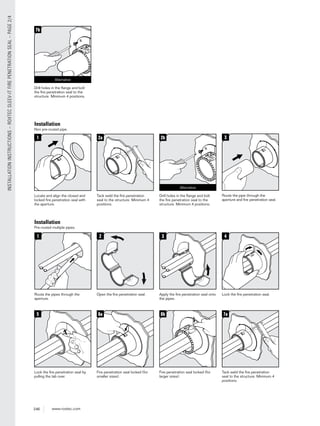 246 www.roxtec.com
INSTALLATIONINSTRUCTIONS–ROXTECSLEEV-ITFIREPENETRATIONSEAL–PAGE2/4
Installation
1
Locate and align the closed and
locked ﬁre penetration seal with
the aperture.
3
Route the pipe through the
aperture and ﬁre penetration seal.
2b
Drill holes in the ﬂange and bolt
the ﬁre penetration seal to the
structure. Minimum 4 positions.
Non pre-routed pipe.
2a
Tack weld the ﬁre penetration
seal to the structure. Minimum 4
positions.
7a
Tack weld the ﬁre penetration
seal to the structure. Minimum 4
positions.
Alternative
3
Apply the ﬁre penetration seal onto
the pipes.
4
Lock the ﬁre penetration seal.
6a
Fire penetration seal locked (for
smaller sizes).
6b
Fire penetration seal locked (for
larger sizes).
Installation
Pre-routed multiple pipes.
1
Route the pipes through the
aperture.
2
Open the ﬁre penetration seal.
5
Lock the ﬁre penetration seal by
pulling the tab over.
7b
Drill holes in the ﬂange and bolt
the ﬁre penetration seal to the
structure. Minimum 4 positions.
Alternative
 