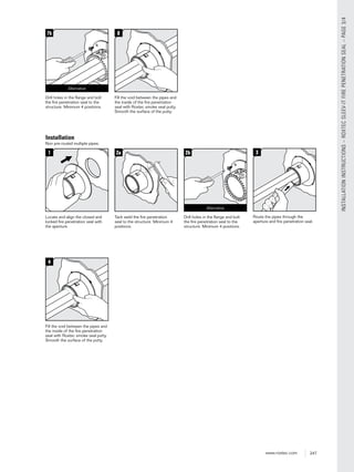 247www.roxtec.com
INSTALLATIONINSTRUCTIONS–ROXTECSLEEV-ITFIREPENETRATIONSEAL–PAGE3/4
Installation
1
Locate and align the closed and
locked ﬁre penetration seal with
the aperture.
3
Route the pipes through the
aperture and ﬁre penetration seal.
2b
Drill holes in the ﬂange and bolt
the ﬁre penetration seal to the
structure. Minimum 4 positions.
7b
Drill holes in the ﬂange and bolt
the ﬁre penetration seal to the
structure. Minimum 4 positions.
Non pre-routed multiple pipes.
2a
Tack weld the ﬁre penetration
seal to the structure. Minimum 4
positions.
Alternative
Alternative
8
Fill the void between the pipes and
the inside of the ﬁre penetration
seal with Roxtec smoke seal putty.
Smooth the surface of the putty.
4
Fill the void between the pipes and
the inside of the ﬁre penetration
seal with Roxtec smoke seal putty.
Smooth the surface of the putty.
 