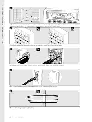 256 www.roxtec.com
INSTALLATIONCHECKPOINTS–RECTANGULARFRAMES–PAGE3/4
www.roxtec.com
Tighte
n
alternately
to full mechan
icalstop
Tigh
tenalternat
e
l
y
to full mecha
nicalstop
9
Verify that there is no stayplate installed between modules and the frame or between the wedge and the frame. Verify the correct orientation of the
wedge according to the label on the wedge front side or printed text on the upper and lower faces of the unit.
NoYes10
Check that the wedge is fully tightened by verifying that the wedge clip is installed and ﬁts behind the bolt heads.
Yes11
Check that the frame and the modules have been lubricated. Excess lubricant shall be visible directly after installation.
12
Make sure that bolted frame types are sealed to the structure and that all attachment points are used.
Yes13
Make sure that cables go straight through the frame.
No
No
Yes
No
 