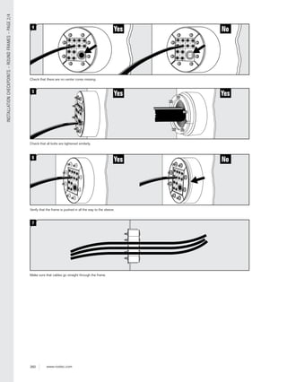 260 www.roxtec.com
INSTALLATIONCHECKPOINTS–ROUNDFRAMES–PAGE2/4
NoYes4
Check that there are no center cores missing.
Yes Yes5
Check that all bolts are tightened similarly.
Yes No6
Verify that the frame is pushed in all the way to the sleeve.
7
Make sure that cables go straight through the frame.
 