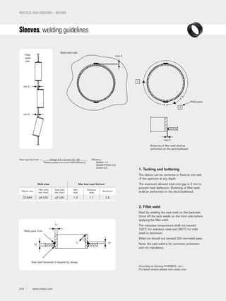 274 www.roxtec.com
Sleeves, welding guidelines
1. Tacking and buttering
The sleeve can be centered or fixed at one side
of the aperture at any depth.
The maximum allowed total root gap is 2 mm to
prevent heat deflection. Buttering of fillet weld
shall be performed on the deck/bulkhead.
2. Fillet weld
Start by welding the seal weld on the backside.
Grind off the tack welds on the front side before
applying the fillet weld.
The interpass temperature shall not exceed
150°C for stainless steel and 250°C for mild
steel or aluminum.
Weld run should not exceed 300 mm/weld pass.
Note: the seal weld is for corrosion protection
and not mandatory.
Fillet
weld
side
min 5
min 5
max 2
Seal weld side
Weld pass
1
2
Heat input (kJ/mm) = Voltage (U) x Current (A) x 60
Welding speed (mm/min)x1000x Efficiency
Efficiency
SMAW=1.0
GMAW/FCAW=0,8
GTAW=0.6
Seal weld backside if required by design
Weld pass front
T1
a
T2
(z)
According to drawing S1005870, rev I.
For latest version please visit roxtec.com
Weld sizes Max heat input (kJ/mm)
Sleeve size
Fillet weld
size (max)
Seal weld
size (max)
Mild
steel
Stainless
steel
Aluminum
23-644 a4 (z5) a3 (z4) 1,3 1,1 2,5
Buttering of fillet weld shall be
performed on the deck/bulkhead
max 2
PRACTICAL USER GUIDELINES – WELDING
 