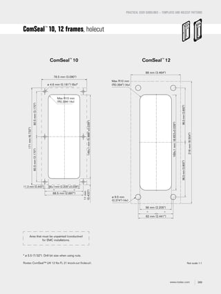 289www.roxtec.com
PRACTICAL USER GUIDELINES – TEMPLATES AND HOLECUT PATTERNS
ComSeal™
10, 12 frames, holecut
Not scale 1:1
ComSeal™
10 ComSeal™
12
* ø 5.5 (7/32"). Drill bit size when using nuts.
Roxtec ComSeal™ LW 12 ﬁts FL 21 knock-out (holecut).
Max R10 mm
(R0.394) (4x)
ø 4.6 mm (0.181") (6x)*
78.5 mm (3.090")
56±1mm (2.205"±0.039")11.3 mm (0.443")
68.5 mm (2.697")
149±1mm(5.866"±0.039")
171mm(6.732")
80.5mm(3.170")80.5mm(3.170")
11mm
(0.433")
==
Max R10 mm
(R0.394") (4x)
88 mm (3.464")
ø 9.5 mm
(0.374") (4x)
62 mm (2.441")
56 mm (2.205")
216mm(8.504")
169±1mm(6.653±0.039")
==
96.5mm(3.800")96.5mm(3.800")
Area that must be unpainted (conductive)
for EMC installations.
 
