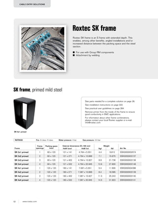 52 www.roxtec.com
CABLE ENTRY SOLUTIONS
Roxtec SK frame is an S frame with extended depth. This
enables, among other benefits, angled installations and/or
increased distance between the packing space and the steel
section.
■ For use with Group RM components
■ Attachment by welding
Roxtec SK frame
SK frame, primed mild steel
RATINGS Fire: A class, H class Water pressure: 4 bar Gas pressure: 2.5 bar
Frame
Frame
openings
Packing space
(mm)
External dimensions (D=100 mm) Weight
Art. NoHxW (mm) HxW (in) (kg) (lb)
SK 2x1 primed 1 60 x 120 121 x 141 4.764 x 5.551 4.4 9.612 5SK0000002074
SK 2x2 primed 2 60 x 120 121 x 271 4.764 x 10.669 7.1 15.675 5SK0000003137
SK 2x3 primed 3 60 x 120 121 x 402 4.764 x 15.827 9.9 21.738 5SK0000003138
SK 2x4 primed 4 60 x 120 121 x 532 4.764 x 20.945 12.6 27.800 5SK0000003148
SK 4x1 primed 1 120 x 120 180 x 141 7.087 x 5.551 5.4 11.905 5SK0000004398
SK 4x2 primed 2 120 x 120 180 x 271 7.087 x 10.669 8.4 18.585 5SK0000003139
SK 4x3 primed 3 120 x 120 180 x 402 7.087 x 15.827 11.5 25.243 5SK0000003140
SK 4x4 primed 4 120 x 120 180 x 532 7.087 x 20.945 14.5 31.923 5SK0000003141
SK 6x1 primed
See parts needed for a complete solution on page 26.
See installation instructions on page 222.
See practical user guidelines on page 264.
Remove primer from the inside of the frame to ensure
good conductivity in EMC applications.
For information about other frame combinations,
please contact your local Roxtec supplier or e-mail:
info@roxtec.com
 