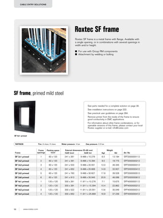 56 www.roxtec.com
CABLE ENTRY SOLUTIONS
Roxtec SF frame is a metal frame with flange. Available with
a single opening, or in combinations with several openings in
width and/or height.
■ For use with Group RM components
■ Attachment by welding or bolting
Roxtec SF frame
SF frame, primed mild steel
RATINGS Fire: A class, H class Water pressure: 4 bar Gas pressure: 2.5 bar
Frame
Frame
openings
Packing space
(mm)
External dimensions (D=60 mm) Weight
Art. NoHxW (mm) HxW (in) (kg) (lb)
SF 2x1 primed 1 60 x 120 241 x 261 9.488 x 10.276 6.0 13.184 SFF2000000112
SF 2x2 primed 2 60 x 120 241 x 391 9.488 x 15.394 9.0 19.775 SFF2000000212
SF 2x3 primed 3 60 x 120 241 x 522 9.488 x 20.551 12.0 26.345 SFF2000000312
SF 2x4 primed 4 60 x 120 241 x 652 9.488 x 25.669 14.9 32.937 SFF2000000412
SF 2x5 primed 5 60 x 120 241 x 783 9.488 x 30.827 17.9 39.528 SFF2000000512
SF 2x6 primed 6 60 x 120 241 x 913 9.488 x 35.945 20.9 46.098 SFF2000000612
SF 4x1 primed 1 120 x 120 300 x 261 11.811 x 10.276 7.1 15.675 SFF4000000112
SF 4x2 primed 2 120 x 120 300 x 391 11.811 x 15.394 10.4 22.862 SFF4000000212
SF 4x3 primed 3 120 x 120 300 x 522 11.811 x 20.551 13.6 30.049 SFF4000000312
SF 4x4 primed 4 120 x 120 300 x 652 11.811 x 25.669 16.9 37.236 SFF4000000412
SF 6x1 primed
See parts needed for a complete solution on page 26.
See installation instructions on page 222.
See practical user guidelines on page 264.
Remove primer from the inside of the frame to ensure
good conductivity in EMC applications.
For information about other frame combinations, or for
openable versions of this frame, please contact your local
Roxtec supplier or e-mail: info@roxtec.com
 