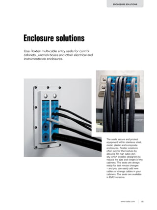 85www.roxtec.com
ENCLOSURE SOLUTIONS
The seals secure and protect
equipment within stainless steel,
metal, plastic and composite
enclosures. Roxtec solutions
often pay for themselves by
allowing for high cable den-
sity which enables designers to
reduce the size and weight of the
cabinets. The seals are always
ready for last minute changes
– and you can easily add new
cables or change cables in your
cabinets. The seals are available
in EMC versions.
Enclosure solutions
Use Roxtec multi-cable entry seals for control
cabinets, junction boxes and other electrical and
instrumentation enclosures.
 