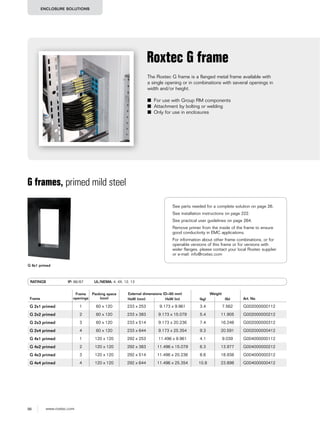 98 www.roxtec.com
ENCLOSURE SOLUTIONS
The Roxtec G frame is a flanged metal frame available with
a single opening or in combinations with several openings in
width and/or height.
■ For use with Group RM components
■ Attachment by bolting or welding
■ Only for use in enclosures
Roxtec G frame
G frames, primed mild steel
RATINGS IP: 66/67 UL/NEMA: 4, 4X, 12, 13
Frame
Frame
openings
Packing space
(mm)
External dimensions (D=60 mm) Weight
Art. NoHxW (mm) HxW (in) (kg) (lb)
G 2x1 primed 1 60 x 120 233 x 253 9.173 x 9.961 3.4 7.562 G002000000112
G 2x2 primed 2 60 x 120 233 x 383 9.173 x 15.079 5.4 11.905 G002000000212
G 2x3 primed 3 60 x 120 233 x 514 9.173 x 20.236 7.4 16.248 G002000000312
G 2x4 primed 4 60 x 120 233 x 644 9.173 x 25.354 9.3 20.591 G002000000412
G 4x1 primed 1 120 x 120 292 x 253 11.496 x 9.961 4.1 9.039 G004000000112
G 4x2 primed 2 120 x 120 292 x 383 11.496 x 15.079 6.3 13.977 G004000000212
G 4x3 primed 3 120 x 120 292 x 514 11.496 x 20.236 8.6 18.938 G004000000312
G 4x4 primed 4 120 x 120 292 x 644 11.496 x 25.354 10.8 23.898 G004000000412
G 6x1 primed
See parts needed for a complete solution on page 26.
See installation instructions on page 222.
See practical user guidelines on page 264.
Remove primer from the inside of the frame to ensure
good conductivity in EMC applications.
For information about other frame combinations, or for
openable versions of this frame or for versions with
wider flanges, please contact your local Roxtec supplier
or e-mail: info@roxtec.com
 