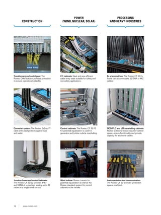 10 www.roxtec.com
Converter system: The Roxtec EzEntry™
cable entry seal protects against dust
and water.
Junction boxes and control cabinets:
The Roxtec CF 32/32 provides IP 67
and NEMA 4 protection, sealing up to 32
cables in a single small cut-out.
Control cabinets: The Roxtec CF 32 PE
for potential equalization is used for
generator and turbine cubicle marshalling.
Wind turbine: Roxtec transits for
potential equalization as well as the
Roxtec standard system for control
cabinets in the nacelle.
DCS/PLC and I/O marshalling cabinets:
Roxtec solutions reduce required cabinet
space, ensure functionality and provide
capacity for additional cables.
Instrumentation and communication:
The Roxtec CF 32 provides protection
against coal dust.
I/C cabinets: Neat and area efficient
cable entry seals suitable for safety and
non-safety applications.
Ex e terminal box: The Roxtec CF 32 Ex
frame can accommodate 32 SWA or MC
cables.
Transformers and switchgear: The
Roxtec GHM solution provides protection
to ensure operational reliability.
CONSTRUCTION
POWER
(WIND, NUCLEAR, SOLAR)
PROCESSING
AND HEAVY INDUSTRIES
 