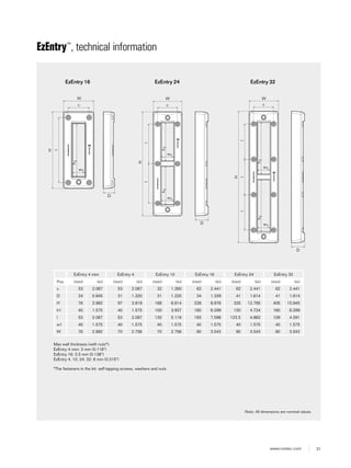 31www.roxtec.com
EzEntry™
, technical information
Note: All dimensions are nominal values
EzEntry 16 EzEntry 24 EzEntry 32
W
w1
c
h1
H
l
D
W
w1
w1
c
h1h1
H
ll
D
W
w1
w1
c
h1h1
H
lll
D
EzEntry 4 mini EzEntry 4 EzEntry 10 EzEntry 16 EzEntry 24 EzEntry 32
Pos (mm) (in) (mm) (in) (mm) (in) (mm) (in) (mm) (in) (mm) (in)
c 53 2.087 53 2.087 32 1.260 62 2.441 62 2.441 62 2.441
D 24 0.945 31 1.220 31 1.220 34 1.339 41 1.614 41 1.614
H 76 2.992 97 3.819 168 6.614 228 8.976 325 12.795 405 15.945
h1 40 1.575 40 1.575 100 3.937 160 6.299 120 4.724 160 6.299
l 53 2.087 53 2.087 130 5.118 193 7.598 123.5 4.862 109 4.291
w1 40 1.575 40 1.575 40 1.575 40 1.575 40 1.575 40 1.575
W 76 2.992 70 2.756 70 2.756 90 3.543 90 3.543 90 3.543
Max wall thickness (with nuts*):
EzEntry 4 mini: 3 mm (0.118")
EzEntry 16: 3.5 mm (0.138")
EzEntry 4, 10, 24, 32: 8 mm (0.315")
*The fasteners in the kit: self-tapping screws, washers and nuts
 
