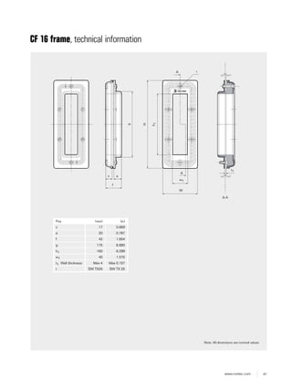 41www.roxtec.com
CF 16 frame, technical information
Note: All dimensions are nominal values
W
w1
A
A
A-A
t1
ec
f
h1
g
H
r
Pos (mm) (in)
c 17 0.669
e 20 0.787
f 42 1.654
g 175 6.890
h1 160 6.299
w1 40 1.575
t1 Wall thickness Max 4 Max 0.157
r SW TX25 SW TX 25
 