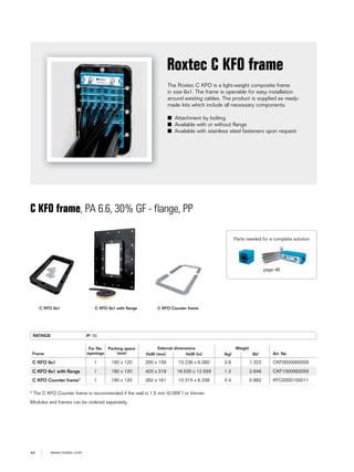 44 www.roxtec.com
The Roxtec C KFO is a light-weight composite frame
in size 6x1. The frame is openable for easy installation
around existing cables. The product is supplied as ready-
made kits which include all necessary components.
■ Attachment by bolting
■ Available with or without flange
■ Available with stainless steel fasteners upon request
Roxtec C KFO frame
C KFO frame, PA 6.6, 30% GF - flange, PP
RATINGS IP: 55
Frame
For No.
openings
Packing space
(mm)
External dimensions Weight
Art. NoHxW (mm) HxW (in) (kg) (lb)
C KFO 6x1 1 180 x 120 260 x 159 10.236 x 6.260 0.6 1.323 CKF0000060059
C KFO 6x1 with ﬂange 1 180 x 120 420 x 319 16.535 x 12.559 1.2 2.646 CKF1000060059
C KFO Counter frame* 1 180 x 120 262 x 161 10.315 x 6.338 0.4 0.882 KFC0000100011
C KFO 6x1 C KFO 6x1 with flange C KFO Counter frame
* The C KFO Counter frame is recommended if the wall is 1.5 mm (0.059’’) or thinner.
Modules and frames can be ordered separately.
Parts needed for a complete solution
page 46
 