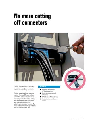 5www.roxtec.com
No more cutting
off connectors
Roxtec sealing solutions allow you
to route and seal pre-terminated
cables without cutting connectors.
Roxtec seals have large openings
making them ideal for use with pre-
terminated cables. You can adjust
and trim your system at the factory
and eliminate the time-consuming
and insecure cutting and re-
attaching of connectors onsite. The
result is better connectivity and less
risk for EMI and signal loss.
BENEFITS
■ Maintain the integrity
of the connection
■ Long-term operational
reliability
■ Shorter installation times
■ Reduction of installation
costs
 