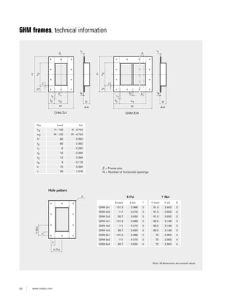 50 www.roxtec.com
GHM frames, technical information
Note: All dimensions are nominal values
Z = Frame size
N = Number of horizontal openings
Hole pattern
c
Y(Sx)
c
X (Tx)
e
GHM ZxN
H
h2
A
A
t2
w2
W A-A
f2
f2 D
t1
t4
A-A
D
t1
t4
H
h2
w2
W
f2
f2
A
A
t1 t1
t1
t1
GHM Zx1
Pos (mm) (in)
h2 H - 120 H - 4.724
w2 W - 120 W - 4.724
D 60 2.362
f2 60 2.362
t1 6 0.263
t2 10 0.394
t3 12 0.394
t4 3 0.118
e 10 0.394
c 35 1.378
X (Tx) Y (Sx)
X (mm) X (in) T Y (mm) Y (in) S
GHM 2x1 101.3 3.988 2 91.5 3.602 2
GHM 2x2 111 4.370 3 91.5 3.602 2
GHM 2x3 92.7 3.650 5 91.5 3.602 2
GHM 4x1 101.3 3.988 2 80.5 3.169 3
GHM 4x2 111 4.370 3 80.5 3.169 3
GHM 4x3 92.7 3.650 5 80.5 3.169 3
GHM 6x1 101.3 3.988 2 75 2.953 4
GHM 6x2 111 4.370 3 75 2.953 4
GHM 6x3 92.7 3.650 5 75 2.953 4
 