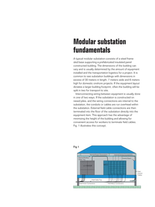 Modular substation
fundamentals
A typical modular substation consists of a steel frame
skid base supporting a prefabricated insulated panel
constructed building. The dimensions of the building can
vary and is usually determined by the amount of equipment
installed and the transportation logistics for a project. It is
common to see substation buildings with dimensions in
excess of 30 meters in length, 7 meters wide and 6 meters
high for domestic onshore projects. If the equipment layout
dictates a larger building footprint, often the building will be
split in two for transport to site.
Interconnecting wiring between equipment is usually done
in one of two ways. If the substation is constructed on
raised piles, and the wiring connections are internal to the
substation, the conduits or cables are run overhead within
the substation. External field cable connections are then
terminated into the floor of the substation directly into the
equipment item. This approach has the advantage of
minimizing the height of the building and allowing for
convenient access for workers to terminate field cables.
Fig. 1 illustrates this concept.
LV SWGR
MCC
Control Panel
Field Cable Tray
Field Power Connections Field Motor Connections
Field
Control
Cables
Internal Control ConnectionsInternal Power Connections
Internal Building
Cable Tray
Fig 1
 