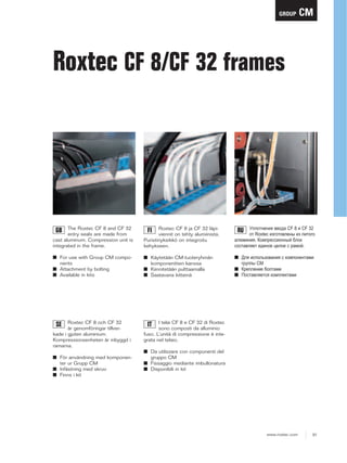 WWW.CABLEJOINTS.CO.UK

GROUP

THORNE & DERRICK UK

CM

TEL 0044 191 490 1547 FAX 0044 477 5371
TEL 0044 117 977 4647 FAX 0044 977 5582
WWW.THORNEANDDERRICK.CO.UK

Roxtec CF 8/CF 32 frames

The Roxtec CF 8 and CF 32
entry seals are made from
cast aluminum. Compression unit is
integrated in the frame.

Roxtec CF 8 ja CF 32 läpiviennit on tehty alumiinista.
Puristinyksikkö on integroitu
kehykseen.

ɍɩɥɨɬɧɟɧɢɹ ɜɜɨɞɚ &)  ɢ ) 
ɨɬ 5R[WHF ɢɡɝɨɬɨɜɥɟɧɵ ɢɡ ɥɢɬɨɝɨ
ɚɥɸɦɢɧɢɹ Ʉɨɦɩɪɟɫɫɢɨɧɧɵɣ ɛɥɨɤ
ɫɨɫɬɚɜɥɹɟɬ ɟɞɢɧɨɟ ɰɟɥɨɟ ɫ ɪɚɦɨɣ

■ For use with Group CM components
■ Attachment by bolting
■ Available in kits

■ Käytetään CM-tuoteryhmän
komponenttien kanssa
■ Kiinnitetään pulttaamalla
■ Saatavana kitteinä

■ Ⱦɥɹ ɢɫɩɨɥɶɡɨɜɚɧɢɹ ɫ ɤɨɦɩɨɧɟɧɬɚɦɢ
ɝɪɭɩɩɵ 0
■ Ʉɪɟɩɥɟɧɢɟ ɛɨɥɬɚɦɢ
■ ɉɨɫɬɚɜɥɹɟɬɫɹ ɤɨɦɩɥɟɤɬɚɦɢ

Roxtec CF 8 och CF 32
är genomföringar tillverkade i gjuten aluminium.
Kompressionsenheten är inbyggd i
ramarna.

I telai CF 8 e CF 32 di Roxtec
sono composti da alluminio
fuso. L’unità di compressione è integrata nel telaio.

GB

SE

■ För användning med komponenter ur Grupp CM
■ Infästning med skruv
■ Finns i kit

FI

RU

IT

■ Da utilizzare con componenti del
gruppo CM
■ Fissaggio mediante imbullonatura
■ Disponibili in kit

www.roxtec.com

91

 