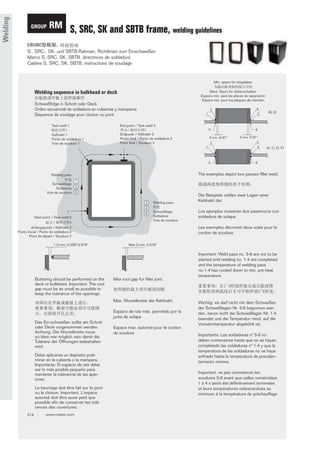 Welding

GROUP

RM S, SRC, SK and SBTB frame, welding guidelines

S-, SRC-, SK- und SBTB-Rahmen, Richtlinien zum Einschweißen
Marco S, SRC, SK, SBTB, directrices de soldadura
Cadres S, SRC, SK, SBTB, instructions de soudage

Min. space for stayplates

Welding sequence in bulkhead or deck

Mind. Raum für Ankerscheiben
Espacio mín. para las placas de separación
Espace min. pour les plaques de maintien

Schweißfolge in Schott oder Deck
Orden secuencial de soldadura en cubiertas y mamparos
Séquence de soudage pour cloison ou pont

3
1

Tack weld 1

Endpunkt / Heftnaht 3
Punto final / Punto de soldadura 3
Point final / Soudure 3

2

5
5 mm, 0197”
3
1

Schweißlage
Soldadura
Voie de soudure
Welding pass
Schweißlage
Soldadura
Voie de soudure

Buttering should be performed on the
deck or bulkhead. Important: The root
gap must be as small as possible to
keep the tolerance of the openings.

Max root gap for fillet joint.

Espacio de raíz máx. permitido por la
junta de solapa

Debe aplicarse un depósito preliminar en la cubierta o la mampara.
Importante: El espacio de raíz debe
ser lo más posible pequeño para
mantener la tolerancia de las aperturas.
Le beurrage doit être fait sur le pont
ou la cloison. Important: L’espace
autorisé doit être aussi petit que
possible afin de conserver les tolérances des ouvertures.
www.roxtec.com

6

Die Beispiele stellen zwei Lagen einer
Kehlnaht dar.
Los ejemplos muestran dos pasamuros con
soldadura de solapa.

Max 2 mm, 0.079"

Max. Wurzelbreite der Kehlnaht.

Das Ein-schweißen sollte am Schott
oder Deck vorgenommen werden.
Achtung: Die Wurzelbreite muss
so klein wie möglich sein damit die
Toleranz der Öffnungen beibehalten
wird.

(A, C, D, F)

Les exemples décrivent deux voies pour le
cordon de soudure.

Anfangspunkt / Heftnaht 2
Punto inicial / Punto de soldadura 2
Point de départ / Soudure 2
1-2 mm, 0.039"-0.079"

5 mm, 0197”
4

The examples depict two passes fillet weld.

Welding pass

Start point / Tack weld 2

6

2

5

214

(B, E)

End point / Tack weld 3

Heftnaht 1
Punto de soldadura 1
Voie de soudure 1

4

Espace max. autorisé pour le cordon
de soudure

Important: Weld pass no. 5-6 are not to be
started until welding no. 1-4 are completed
and the temperature of welding pass
no.1-4 has cooled down to min. pre-heat
temperature.

Wichtig: es darf nicht mit dem Schweißen
der Schweißlagen Nr. 5-6 begonnen werden, bevor nicht die Schweißlagen Nr. 1-4
beendet und die Temperatur mind. auf die
Vorwärmtemperatur abgekühlt ist.
Importante: Las soldaduras nº 5-6 no
deben comenzarse hasta que no se hayan
completado las soldaduras nº 1-4 y que la
temperatura de las soldaduras no se haya
enfriado hasta la temperatura de precalentamiento mínima.
Important: ne pas commencer les
soudures 5-6 avant que celles numérotées
1 à 4 n’aient été définitivement terminées
et leurs températures redescendues au
minimum à la température de préchauffage

 