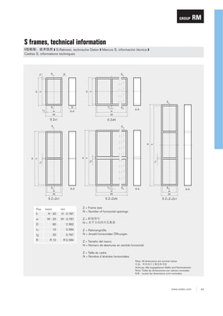 GROUP

RM

S frames, technical information
❱ S-Rahmen, technische Daten ❱ Marcos S, información técnica ❱
Cadres S, informations techniques

A

R

H
h

H
h

t1

A

A
t1

t1

D

w
W

A
w
W

A-A

S Zx1

A-A

S ZxN

A

H
h
A
w
W

t1

A-A

A
w
W

S Z+Zx1

Pos
h

t1

t2

h
t1

H

H

A

h

A

A-A

S Z+ZxN

(mm)
H - 20

(in)
H - 0.787

w

W - 20

W - 0.787

D

60

2.362

t1

10

0.394

t2

20

0.787

R

R 10

R 0.394

A
w
W

A-A

S Z+Z+Zx1

Z = Frame size
N = Number of horizontal openings
Z=
N=
Z = Rahmengröße
N = Anzahl horizontaler Öffnungen
Z = Tamaño del marco
N = Número de aberturas en sentido horizontal
Z = Taille du cadre
N = Nombre d’alvéoles horizontales
Note: All dimensions are nominal values
Achtung: Alle angegebenen Maße sind Nominalwerte
Nota: Todas las dimensiones son valores nominales
N.B. : toutes les dimensions sont nominales

www.roxtec.com

43

 