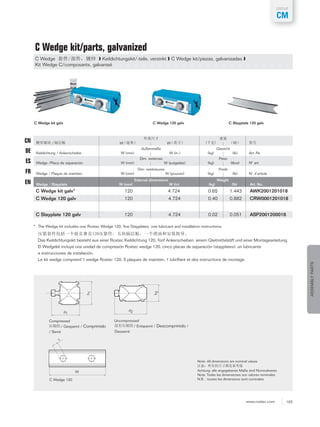 163www.roxtec.com
CM
GROUP
ASSEMBLYPARTS
C Wedge kit/parts, galvanized
C Wedge kit galv
C Wedge kit galv* 120 4.724 0.65 1.443 AWK2001201018
C Wedge 120 galv 120 4.724 0.40 0.882 CRW0001201018
C Stayplate 120 galv 120 4.724 0.02 0.051 ASP2001200018
C Wedge 120 galv C Stayplate 120 galv
External dimensions Weight
Wedge / Stayplate W (mm) W (in) (kg) (lb) Art. No.
Note: All dimensions are nominal values
d1
d2
h1
h2
W
Compressed Uncompressed
C Wedge 120
c
EN
* The Wedge kit includes one Roxtec Wedge 120, five Stayplates, one lubricant and installation instructions.
C Wedge ❱ Keildichtungskit/-teile, verzinkt ❱ C Wedge kit/piezas, galvanizadas ❱
Kit Wedge C/composants, galvanisé
Dim. extérieures Poids
Wedge / Plaque de maintien W (mm) W (pouces) (kg) (lb) N° d’article
Dim. externas Peso
Wedge /Placa de separación W (mm) W (pulgadas) (kg) (libra) Nº art.
Außenmaße Gewicht
Keildichtung / Ankerscheibe W (mm) W (in.) (kg) (lb) Art.-Nr.
/ W W
Achtung: alle angegebenen Maße sind Nominalwerte
Nota: Todas las dimensiones son valores nominales
N.B. : toutes les dimensions sont nominales
/ Gespannt / Comprimido
/ Serré
/ Entspannt / Descomprimido /
Desserré
CN
ES
DE
FR
Das Keildichtungskit besteht aus einer Roxtec Keildichtung 120, fünf Ankerscheiben, einem Gleitmittelstift und einer Montageanleitung.
El Wedgekit incluye una unidad de compresión Roxtec wedge 120, cinco placas de separación (stayplates), un lubricante
e instrucciones de instalación.
Le kit wedge comprend 1 wedge Roxtec 120, 5 plaques de maintien, 1 lubrifiant et des instructions de montage.
 