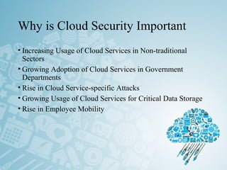 Why is Cloud Security Important
• Increasing Usage of Cloud Services in Non-traditional
Sectors
• Growing Adoption of Cloud Services in Government
Departments
• Rise in Cloud Service-specific Attacks
• Growing Usage of Cloud Services for Critical Data Storage
• Rise in Employee Mobility
 