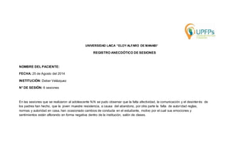 UNIVERSIDAD LAICA “ELOY ALFARO DE MANABI” 
REGISTRO ANECDÓTICO DE SESIONES 
NOMBRE DEL PACIENTE: 
FECHA: 25 de Agosto del 2014 
INSTITUCIÓN: Deber Velázquez 
N° DE SESIÓN: 6 sesiones 
En las sesiones que se realizaron al adolescente N.N se pudo observar que la falta afectividad, la comunicación y el desinterés de 
los padres han hecho, que la joven muestre resistencia, a causa del abandono, por otra parte la falta de autor idad reglas, 
normas y autoridad en casa, han ocasionado cambios de conducta en el estudiante, motivo por el cual sus emociones y 
sentimientos están aflorando en forma negativa dentro de la institución, salón de clases. 
 