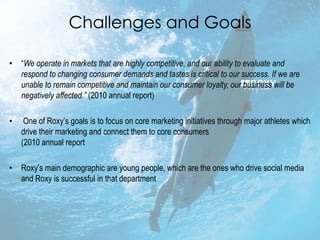 Challenges and Goals

• “We operate in markets that are highly competitive, and our ability to evaluate and
  respond to changing consumer demands and tastes is critical to our success. If we are
  unable to remain competitive and maintain our consumer loyalty, our business will be
  negatively affected.” (2010 annual report)

•    One of Roxy’s goals is to focus on core marketing initiatives through major athletes which
    drive their marketing and connect them to core consumers
    (2010 annual report

• Roxy’s main demographic are young people, which are the ones who drive social media
  and Roxy is successful in that department
 