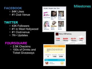 Twitter Milestones The Roxy Theatre on Facebook TWITTER 43K Followers #1 in West Hollywood #1 Club/venue 7K+ Updates Milestones FACEBOOK 84K Likes #1 Club Venue FOURSQUARE 2.5K Checkins 100s of Drinks and Ticket Giveaways 