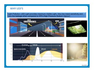 WHY LED’S 
Light Pollution: LED Light provides maximum Visible Light, Very low insect sensitivity and
very low leakage when compared to HPS (High Pressure Sodium Vapour) 




                                                                                        13 of 29 
 