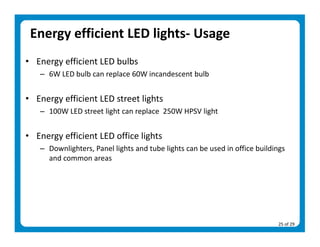 Energy efficient LED lights‐ Usage 
• Energy efficient LED bulbs  
   – 6W LED bulb can replace 60W incandescent bulb 
    
• Energy efficient LED street lights 
   – 100W LED street light can replace  250W HPSV light 
    
• Energy efficient LED office lights  
   – Downlighters, Panel lights and tube lights can be used in office buildings 
     and common areas 
    
    
    


                                                                             25 of 29 
 