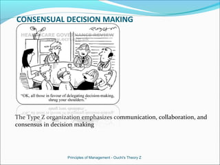 CONSENSUAL DECISION MAKING
The Type Z organization emphasizes communication, collaboration, and
consensus in decision making
Principles of Management - Ouchi's Theory Z
 
