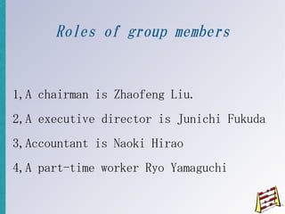 Roles of group members


1,A chairman is Zhaofeng Liu.
2,A executive director is Junichi Fukuda
3,Accountant is Naoki Hirao
4,A part-time worker Ryo Yamaguchi
 