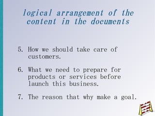 logical arrangement of the
  content in the documents


5. How we should take care of
   customers.
6. What we need to prepare for
   products or services before
   launch this business.
7. The reason that why make a goal.
 