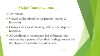 Major Concept… con…
3.Enviroment
 viewed as the stimuli to the person(Internal &
External).
 Changes act as a stimulating and causes adaptive
response.
 All condition, circumstance and influences that
surrounding a person affect their healing process the
development and behaviors of person.
10/14/2019 20
 