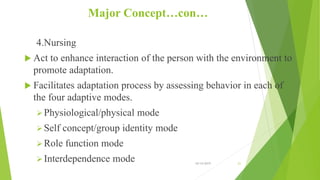 Major Concept…con…
4.Nursing
 Act to enhance interaction of the person with the environment to
promote adaptation.
 Facilitates adaptation process by assessing behavior in each of
the four adaptive modes.
Physiological/physical mode
Self concept/group identity mode
Role function mode
Interdependence mode 10/14/2019 21
 