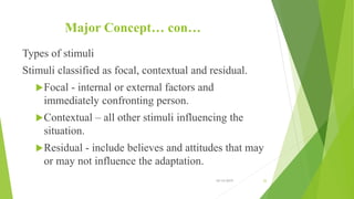 Major Concept… con…
Types of stimuli
Stimuli classified as focal, contextual and residual.
Focal - internal or external factors and
immediately confronting person.
Contextual – all other stimuli influencing the
situation.
Residual - include believes and attitudes that may
or may not influence the adaptation.
10/14/2019 22
 