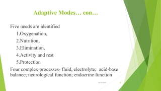 Adaptive Modes… con…
Five needs are identified
1.Oxygenation,
2.Nutrition,
3.Elimination,
4.Activity and rest
5.Protection
Four complex processes- fluid, electrolyte; acid-base
balance; neurological function; endocrine function
10/14/2019 28
 