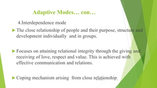 Adaptive Modes… con…
4.Interdependence mode
 The close relationship of people and their purpose, structure and
development individually and in groups.
 Focuses on attaining relational integrity through the giving and
receiving of love, respect and value. This is achieved with
effective communication and relations.
 Coping mechanism arising from close relationship10/14/2019 32
 