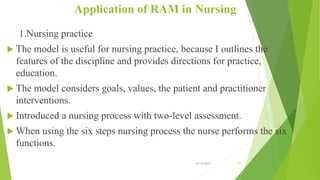 Application of RAM in Nursing
1.Nursing practice
 The model is useful for nursing practice, because I outlines the
features of the discipline and provides directions for practice,
education.
 The model considers goals, values, the patient and practitioner
interventions.
 Introduced a nursing process with two-level assessment.
 When using the six steps nursing process the nurse performs the six
functions.
10/14/2019 37
 