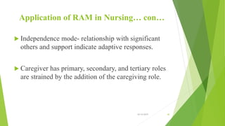 Application of RAM in Nursing… con…
 Independence mode- relationship with significant
others and support indicate adaptive responses.
 Caregiver has primary, secondary, and tertiary roles
are strained by the addition of the caregiving role.
10/14/2019 40
 