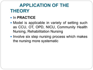APPLICATION OF THE
THEORY
 In PRACTICE
 Model is applicable in variety of setting such
as CCU, OT, OPD, NICU, Community Health
Nursing, Rehabilitation Nursing
 Involve six step nursing process which makes
the nursing more systematic
 