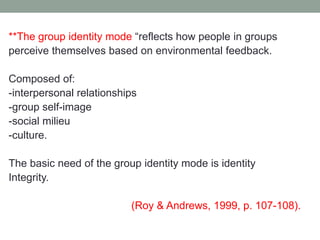 **The group identity mode “reflects how people in groups
perceive themselves based on environmental feedback.
:
Composed of
-interpersonal relationships
-group self-image
-social milieu
-culture.
The basic need of the group identity mode is identity
Integrity.
(Roy & Andrews, 1999, p. 107-108).
 