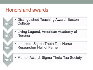 Honors and awards
2006
• Distinguished Teaching Award, Boston
College
2007
• Living Legend, American Academy of
Nursing
2010
• Inductee, Sigma Theta Tau’ Nurse
Researcher Hall of Fame
2011
• Mentor Award, Sigma Theta Tau Society
 