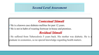 Second Level Assessment
Contextual Stimuli
He is a known case diabetes mellitus for past 12 years.
He is not in habit of wearing footwear in house and premises.
Residual Stimuli
- He suffered from Tuberculosis 5 years back. His mother was diabetic. He is a
graduate in economies, so no special knowledge regarding health matters.
 