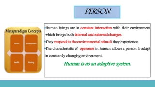 PERSON
Human beings are in constant interaction with their environment
which brings both internal and external changes.
They respond to the environmental stimuli they experience.
The characteristic of openness in human allows a person to adapt
in constantly changing environment.
Human is as an adaptive system.
 
